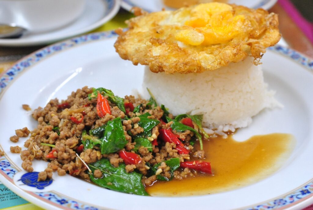 One of the most popular Thai foods, Pad Krapow, or Thai holy basil.