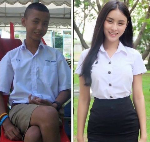 A before and after of a ladyboy in Thailand
