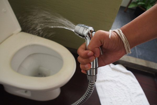 Man spraying a bum gun near toilet in Thailand