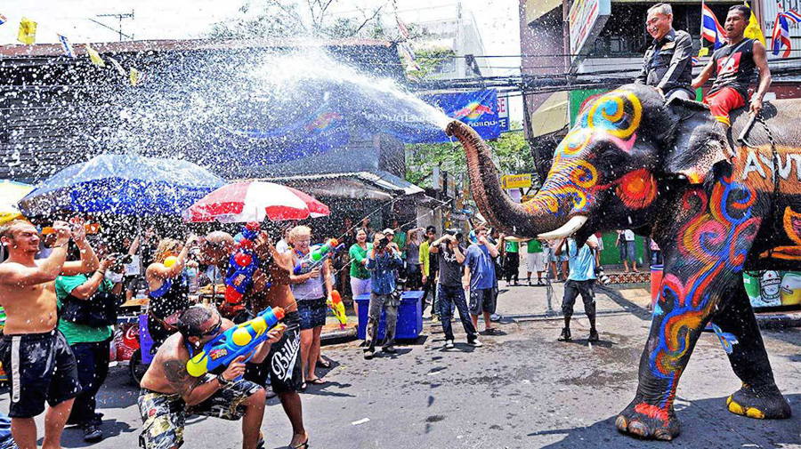 A crazy Songkran festival celebration in Phuket Thailand.