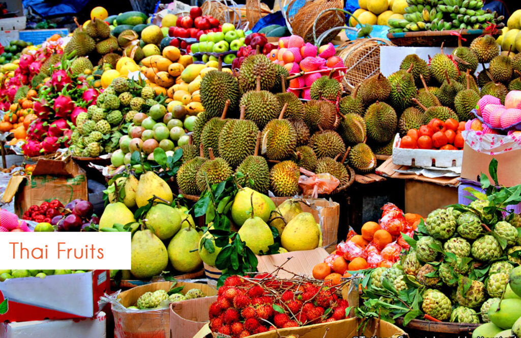 Here's a fruit market in Thailand showing the whole assortment of exotic fruits.