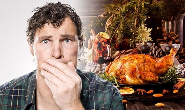 Man feeling sick after eating chicken.