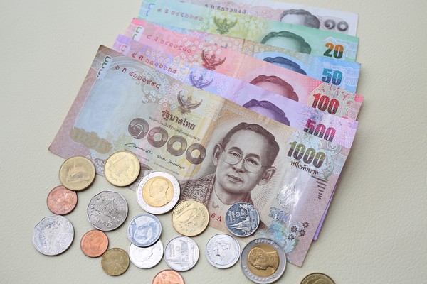 Various bills in Thai Baht as well as Thai Baht coins. There's a low cost of living